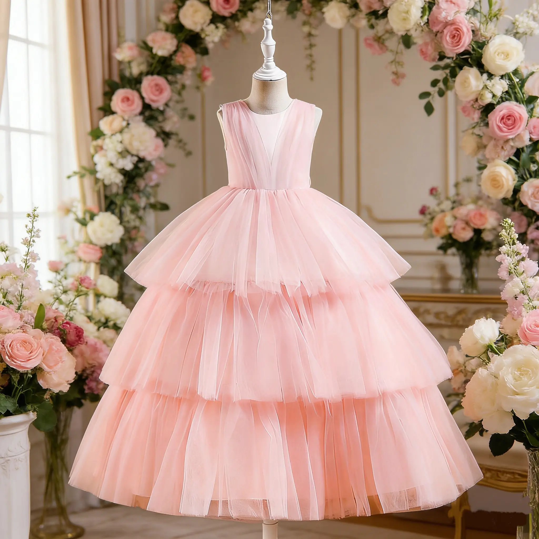 Girls' Elegant Long A-Line Dress, 288 Style, for Teen First Communion, Kids Bridesmaid, Summer Vestidos & Stage Performances (Catwalk, Piano), Long Length