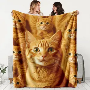 Cute Cat Flannel Blanket, Soft Warm Anti-Pilling, Ideal for Nap Camping Travel, All Seasons Gift, Animal Lover Gift, Cat Lover Gift, Birthday Gift, Orange Blanket
