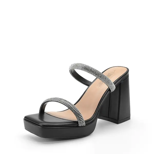 DREAM PAIRS Women's Leather Chunky Platform Heel Sandals - Silver-Rhinestone Strap, Platform Chunky Heel Wedges & Flatform Footwear, Minimalist, Comfortable Heels