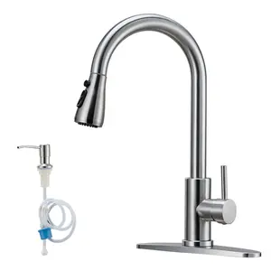 Single-handle, high-arc brushed nickel pull-down kitchen faucet; with soap dispenser, single-layer stainless steel kitchen sink faucet with pull-down nozzle; suitable for laundry rooms, RVs, and bars. Matte Black Bathroom Sink Faucet