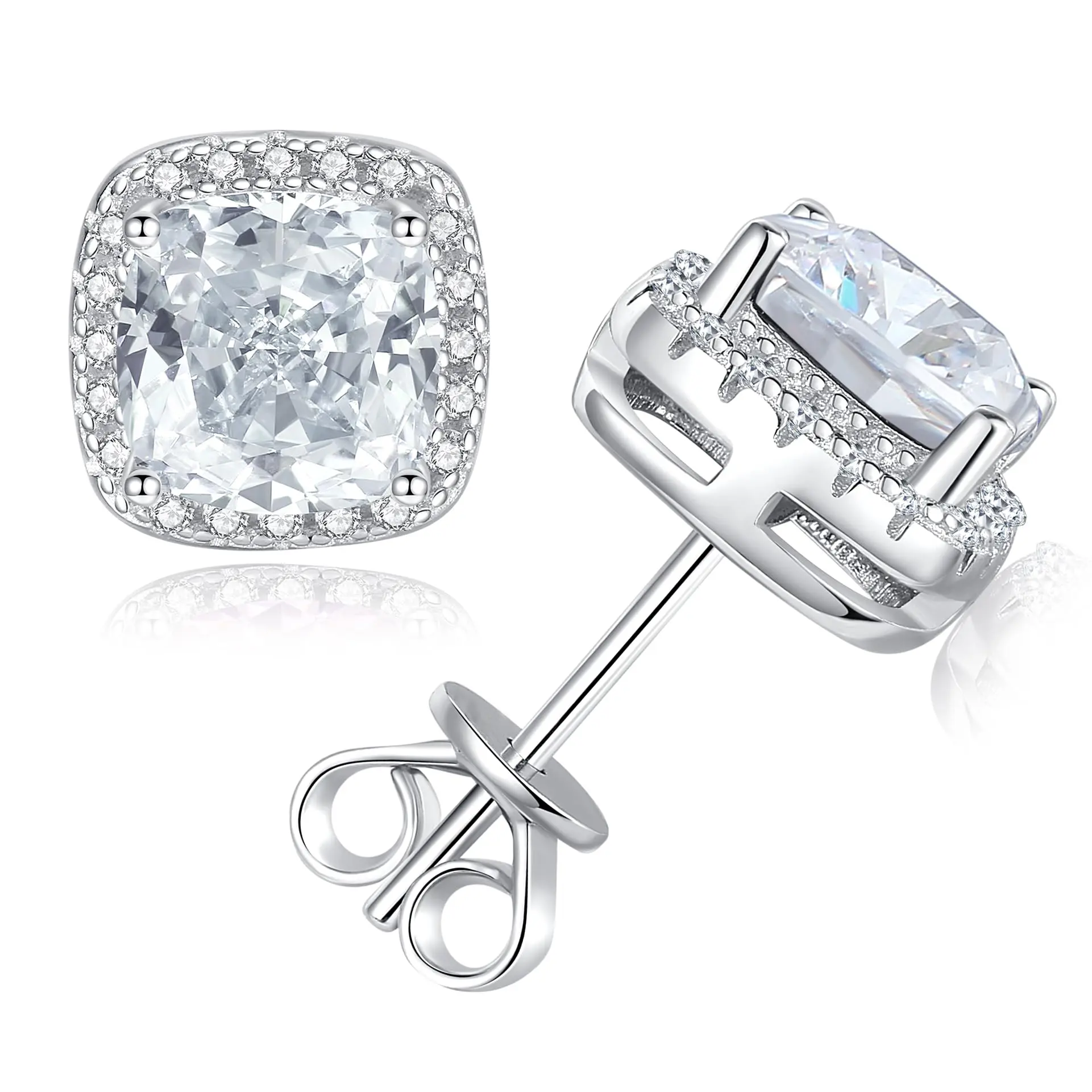 Women's 925 Silver Square Halo Pave Stud Earrings - 4Ct Cushion Cut 5A Cubic Zirconia/Ruby/Sapphire, Hypoallergenic Mock Diamond Jewelry Gifts, Cubic Zirconia Earrings, Artificial Zircon Earrings