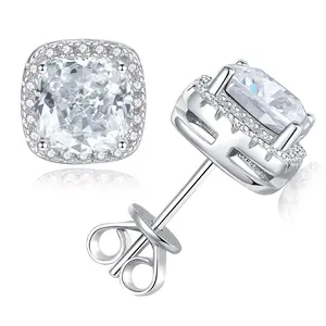 925 Silver Ear needle Simulation Diamond Earrings for Women, 4Ct Halo Cushion Cut 5A Cubic Zirconia/Ruby/Sapphire Stud Earrings Hypoallergenic Perfect Jewelry Gifts