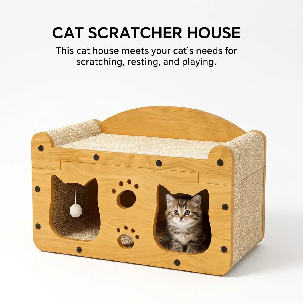 Cat Scratcher House, 3 in 1 Cardboard Cat House with Scratching Pad, Wooden Cat Hideaway Condo for Indoor Cats, Cat Cave Bed with Hanging Toy Ball, Dual Entry Scratcher Box, Furniture Protection