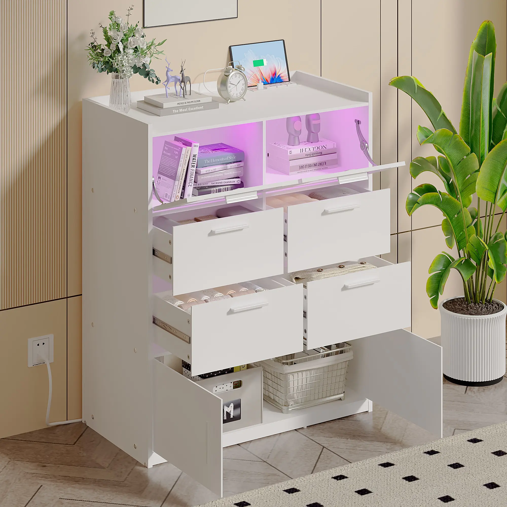 VECELO Dresser with LED Lights and Charging Station Power Outlet 6 Drawer Dresser for Bedroom TV Stand White Dresser, Dressers & Chests of Drawers,Space Saving Dresser Wooden, Large Dressers for Living Room, Hallway,Bedroom dresser white multi functional