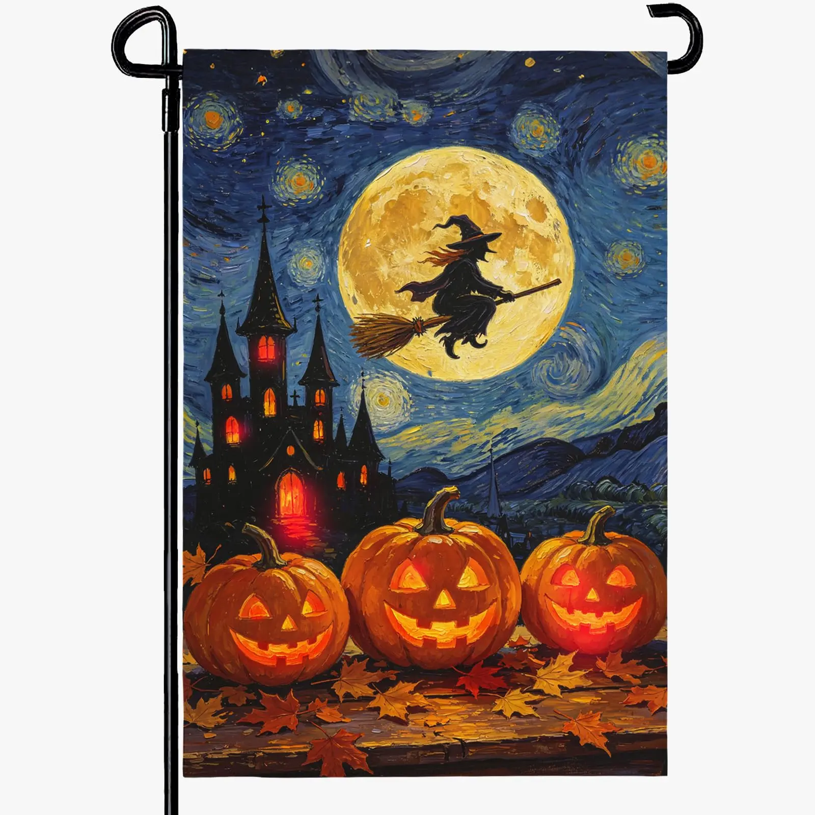 Halloween Garden Flag Witch Moon Pumpkin Yard Flags Spooky Starry Night Halloween House Banner Jack O Lantern Fall Outdoor Haunted Castle Witchy Porch Decor Double Sided 12x18 Inch