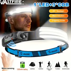 Induction Led Headlamp Rechargeable, COB Headlight Type-C Charging, 1200mah Battery, 230° Wide Angle, 3 Lighting Modes, Portable Outdoor Flashlight