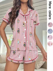 Women's Cute Bear & Striped Pajama Set, Short Sleeve Shorts, All Seasons, Soft Comfortable Homewear, Button Front Casual, Comfy Pyjama Set