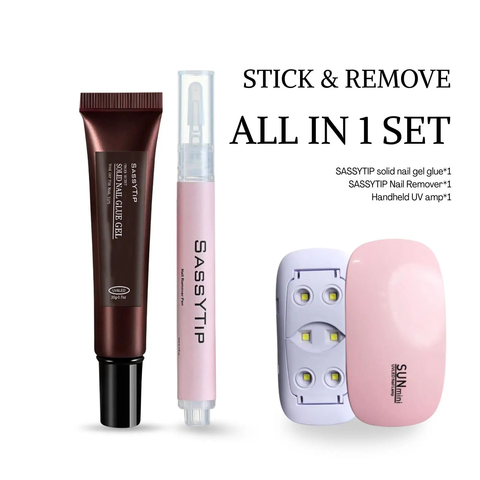 SASSYTIP Stick & Remove All-in-1 Nail Care Kit - 3ml Gel Glue, Remover Pen, UV Lamp for Press-Ons - Gentle Pain-Free Acetone-Free Drying Formula for Flawless Manicure, Nail Art, Set