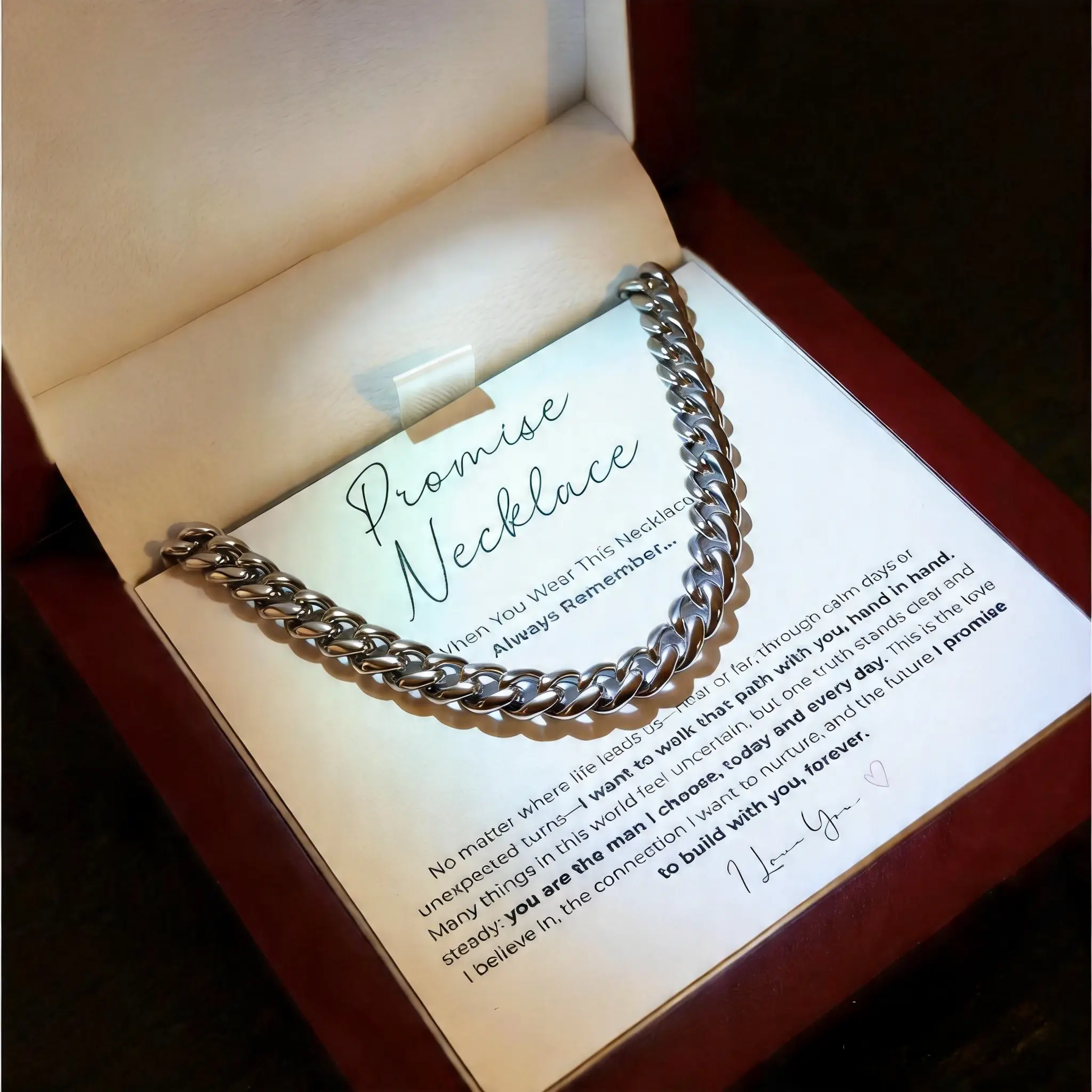 Promise Necklace for Boyfriend – Waterproof Stainless Steel Cuban Chain, Symbol of Love & Commitment, LED Wooden Box Gift for Valentine’s Day & Birthday