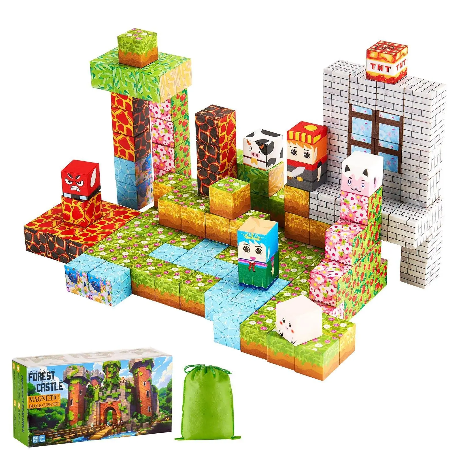 VEVOR 150 PCS Forest Castle Magnetic Tiles Model Building Kit, Lightweight Portable STEM Set for DIY Crafting Fun, Montessori Sensory Toy for Kids to Foster Teamwork Skills, Do It Yourself