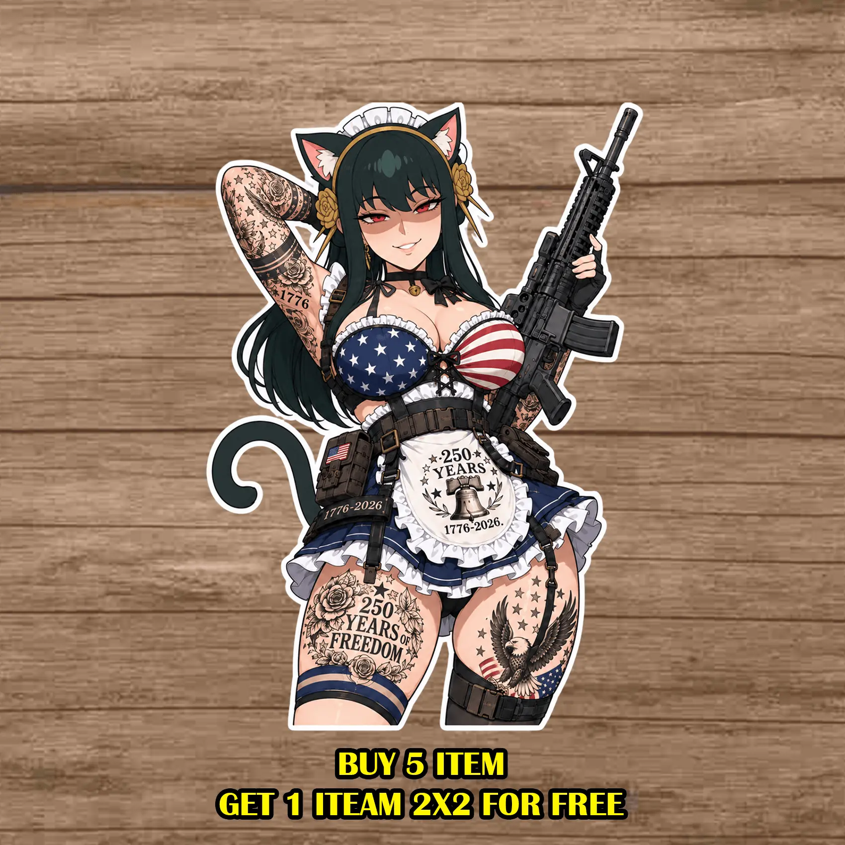 USA 250th Anniversary Anime Cat Girl Sticker | Patriotic 1776-2026 Liberty Bell Decal | Tactical Neko Waifu Water Bottle Vinyl Sticker