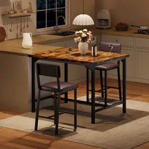 Compact 3-Piece Counter Height Dining Set for 2, Rustic Black Dining Table with Footrest & Corner Protectors, 2 Upholstered Backrest Bar Stools, Space-Saving Kitchen Table Set for Small Apartment & Dining Room