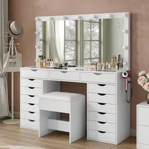 55'' W  Desk  Power Outlet, Makeup   Lighting Mirror, 3 Lighting Modes Adjustable,15 Drawers  Table  Chair, Glass Top,  Set For Bedroom, Dressing Room, Christmas , Birthday ,  For Daughter,  For Wife, Vanity with White wooden gift