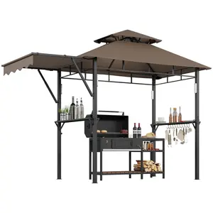 8x5 ft Grill Gazebo, Double Tired Outdoor Patio Canopy Tent with Side Awning Shelves,4 LED Lights,10 Hooks & Bottle Opener,Heavy Duty Steel Frame Grilling Canopy for Patio Backyard Garden Picnic,Coffee