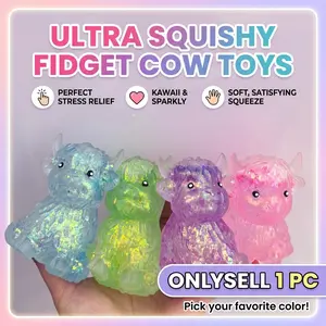 Glitter Highland Cow Squishy Fidget Toy, Stress Relief Fidgets, Super Cute Soft Squeeze Toy for Kids & Adults, Kawaii Shiny Stress Relief Toy for Anxiety, Novelty Sensory Hand Toy, Durable Aesthetic Desk Decor, Randomized Color - 1 Piece