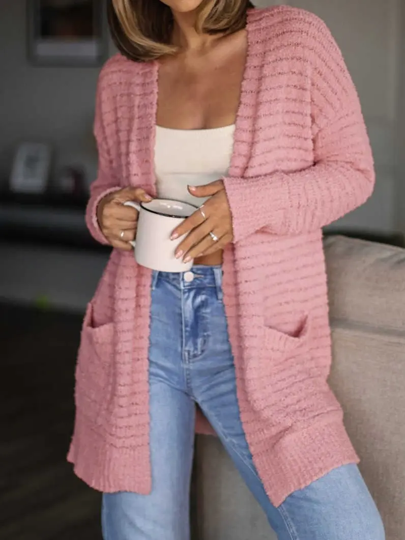 Women’s Basic Solid Fuzzy Open-Front Knitwear Cardigan - Soft Ribbed Fabric, Long Sleeves, Tunic Length, Front Pockets, Relaxed Fit Layering Piece, Comfortable Style for Fall, Winter Everyday Wear