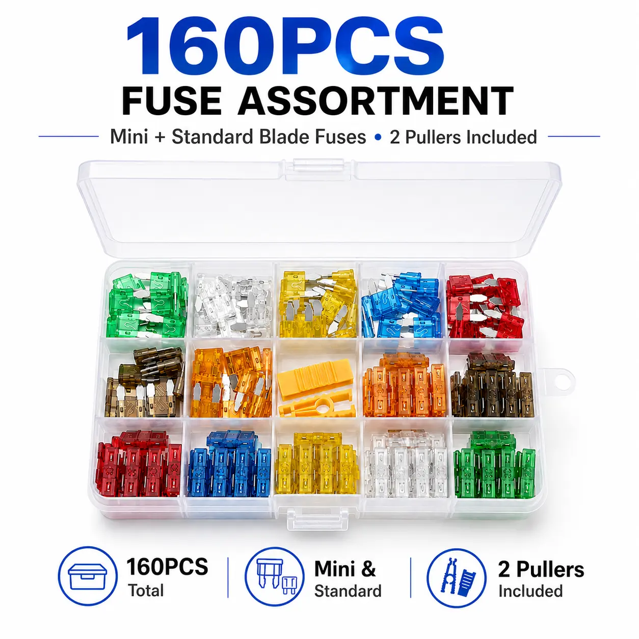 160PCS Mini & Standard Blade Fuse Assortment Kit, Automotive Replacement Car Fuses 5A-30A with 2 Fuse Pullers, Spare Circuit Fuses for 12V 24V Car, Pickup Truck, SUV, RV, ATV & Boat Electrical System
