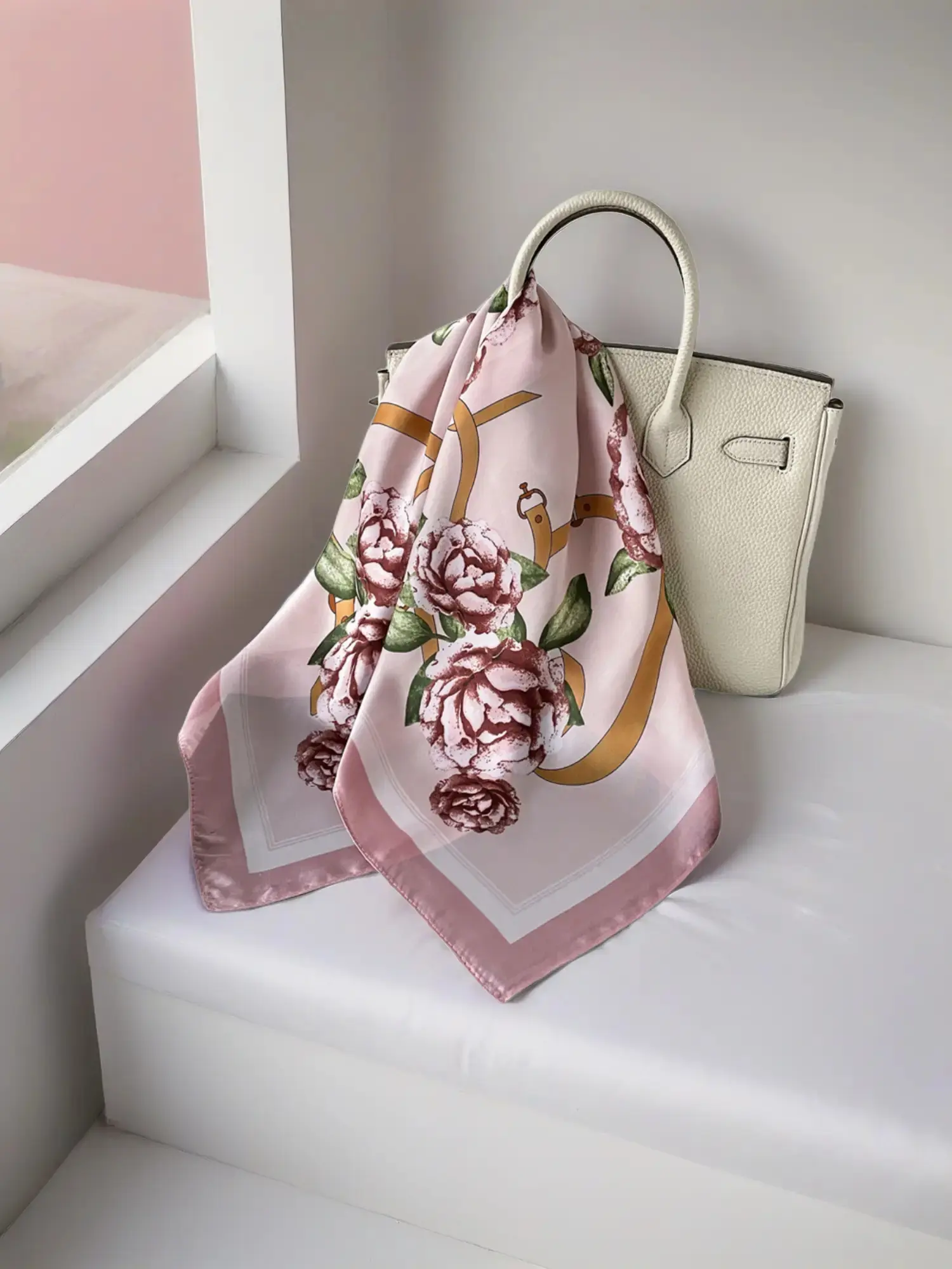 Pink rose printed silk scarf square bandana spring summer thin shawl Fashion Shawl Wrap versatile neckerchief hair band headscarf Fashion Headscarf Vintage Print Headscarves for women