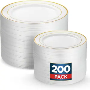 200  Plastic Plates Set, 100 count 10 Inch White Dinner and 100 count 7 Inch Dessert Plates, Elegant Fancy Heavy Duty for Party, Wedding, White with  Rim