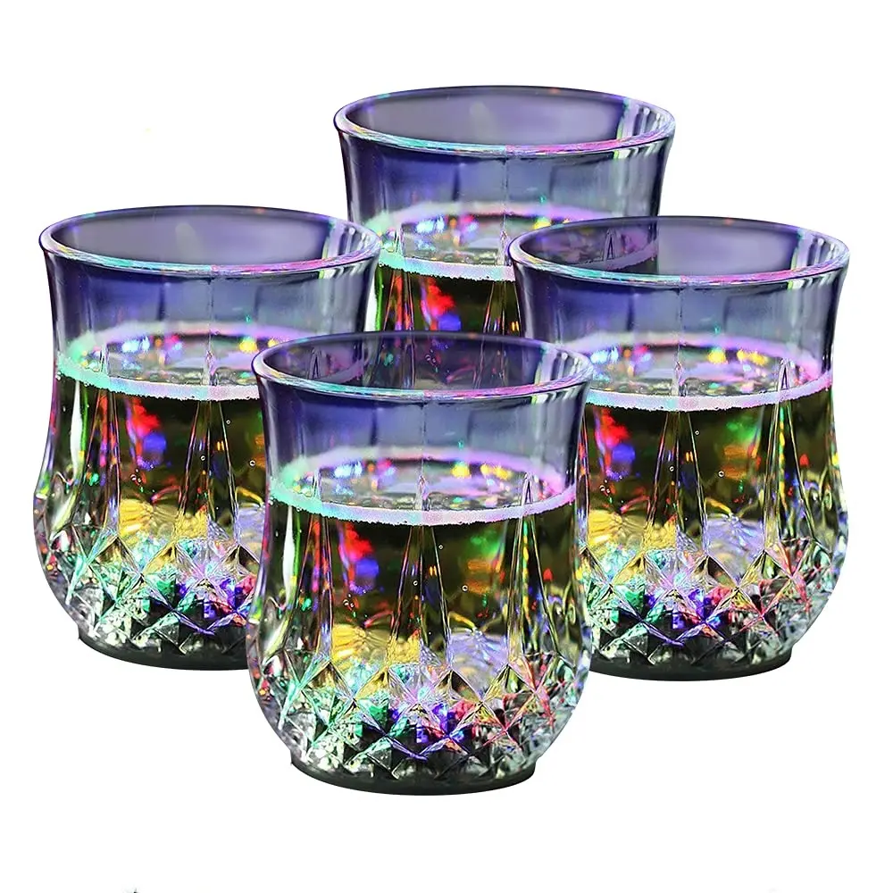 Plastic Transparent Liquid-Activated Flash Crystal Cups with LED Lights, 4-Pack Colorful Drinkware Tumblers for Bar Party Decor & Party Favors (Batteries Included), Acrylic