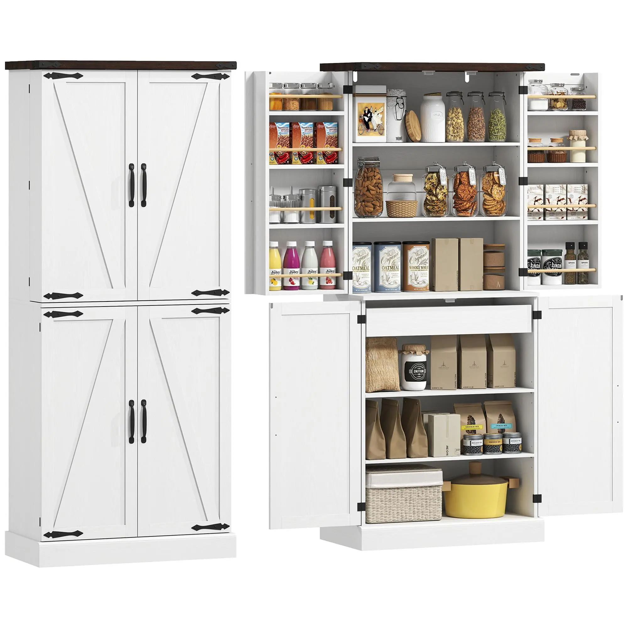 HOMCOM 72" Tall Kitchen Pantry Cabinet, Farmhouse Storage Cabinet with 8 Door Racks and Drawer, Freestanding Food Pantry with Adjustable Shelves and Barn Doors