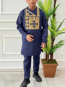 Boys' Traditional Embroidery Tunic Set, African Prince Style, Fitted Design, Dark Blue Combination, High-Quality Kids Clothing