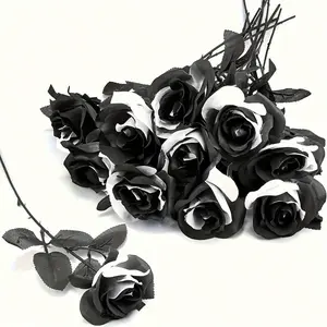 6/10pcs artificial flower black and white pure black wine red small rose fake flower 14.74in, suitable for living room, bedroom, kitchen, dining room desktop decoration, daily party and holiday decoration, Halloween Artificial Roses Bouquet