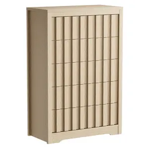 Modern handleless dresser with five drawers and fluted design, tall wooden storage chest, multi-purpose organizer for bedroom, living room, hallway, natural oak