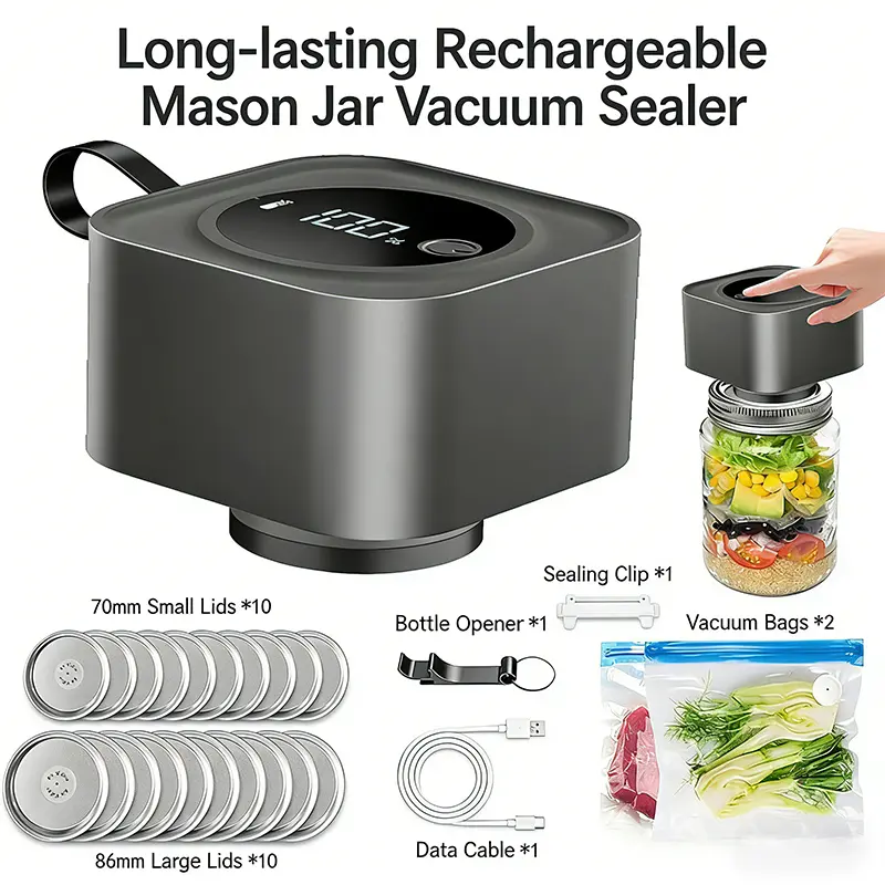 Electric Airtight Jar Sealer Utensils for Kitchen Use - 1-Touch Canning Machine Jar Sealers with 60kPa Vacuum Pump, 1800mAh Battery, Wide & Regular Mouth Lids, Black Food Storage Tool, Vacuum Sealer