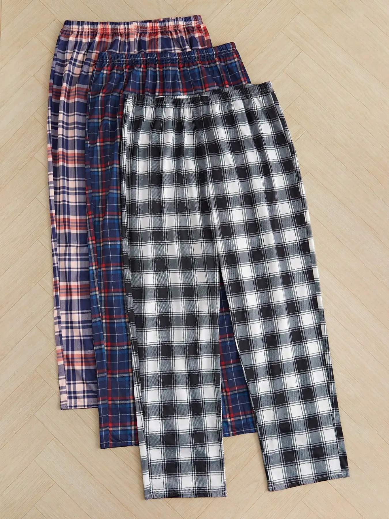 Men's Plaid Checked Home Pants Casual Home Pjs Set of Three, Drawstring Waist Loose Fit Casual Nightwear Loungewear Pajama Sleepwear Pj Pants, Long Regular Length for Fall & Winter