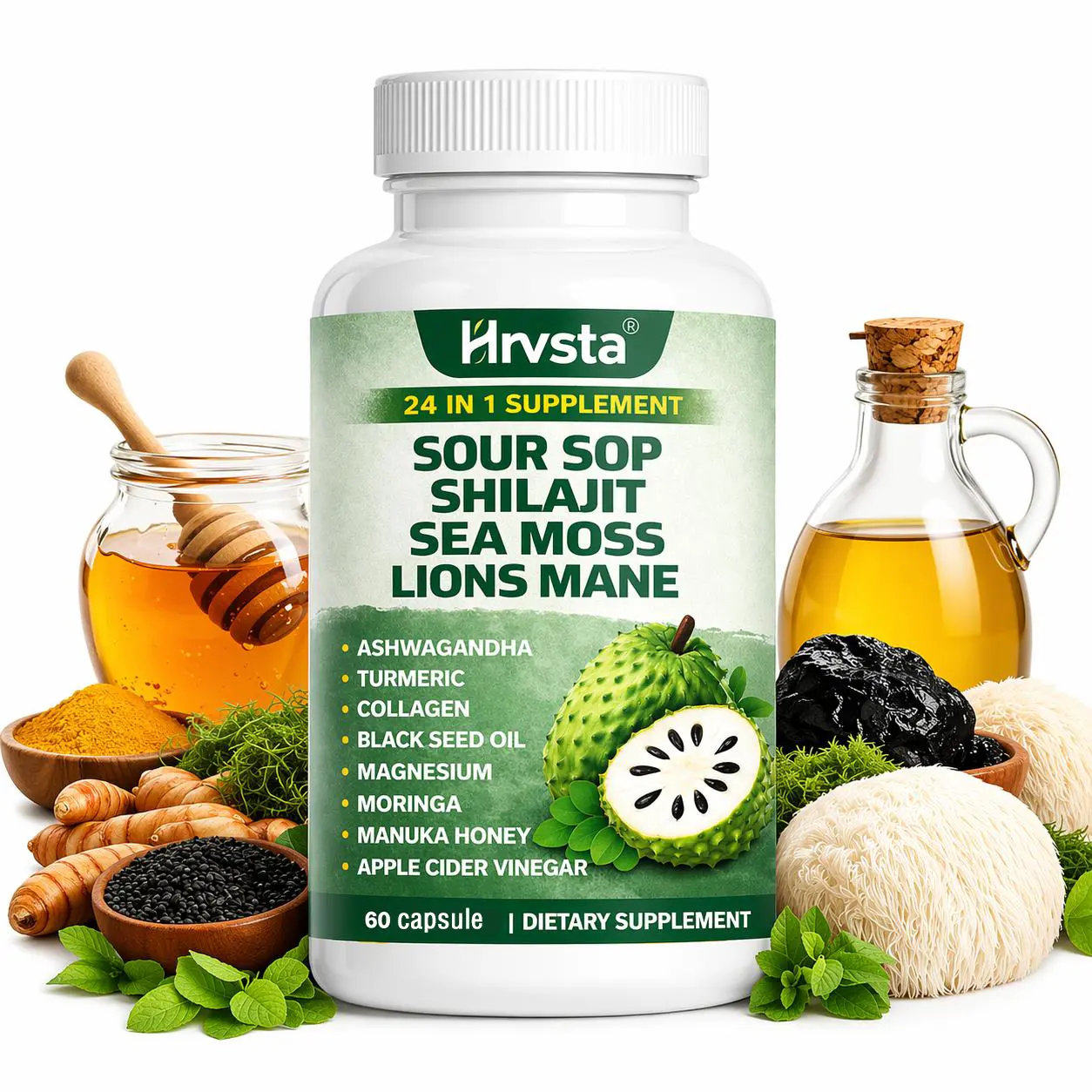 summervibes Soursop dietary supplement, rich in antioxidants, 60 capsules per bottle, fortified with shiitake mushrooms, seaweed, and lion's mane mushrooms, a 24-in-1 formula, beneficial for skin, joint, and bone health.