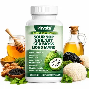 summervibes Soursop dietary supplement, rich in antioxidants, 60 capsules per bottle, fortified with shiitake mushrooms, seaweed, and lion's mane mushrooms, a 24-in-1 formula, beneficial for skin, joint, and bone health.