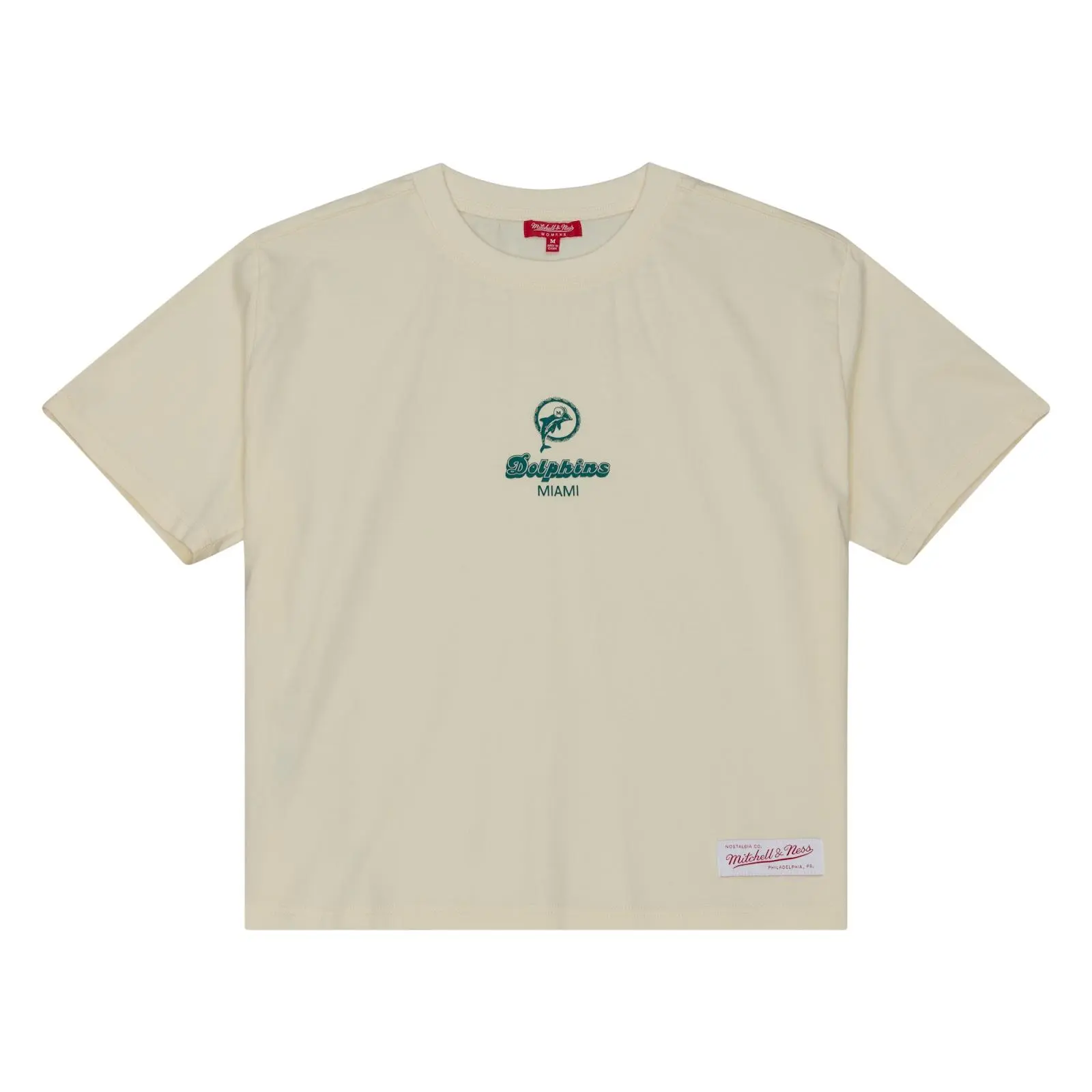 Women's Miami Dolphins Cream Core Essentials Cropped Boxy T-Shirt NFL Throwback Tee Graphic Vintage Fan Gear Mitchell & Ness