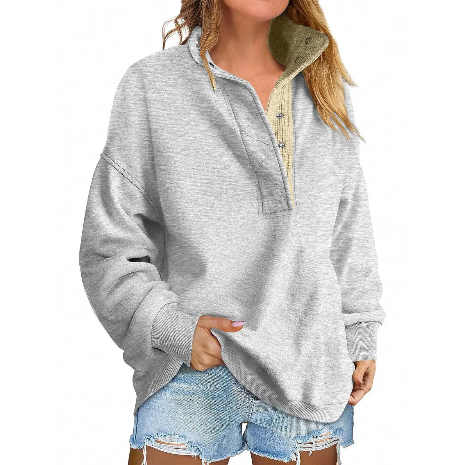 Sweatshirt for Women Oversized Casual Long Sleeve Button Henley Neck Pullover Tops Fashion Outfits Clothes
