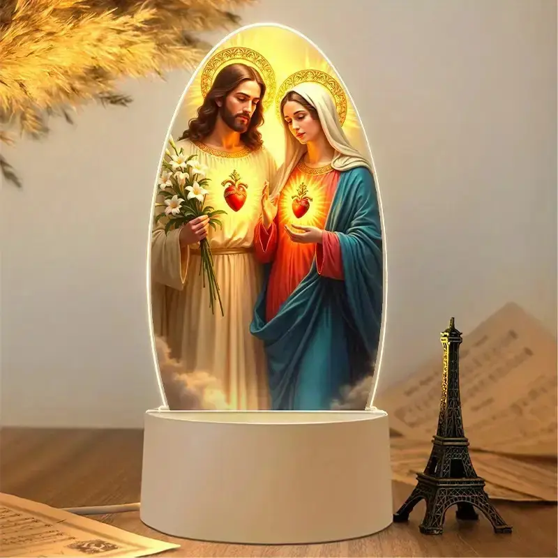 Modern Acrylic LED Camping Night Light with Sacred Heart Art - USB-Powered Warm Glow Table Lamp for Christian Bedroom Altar Decor