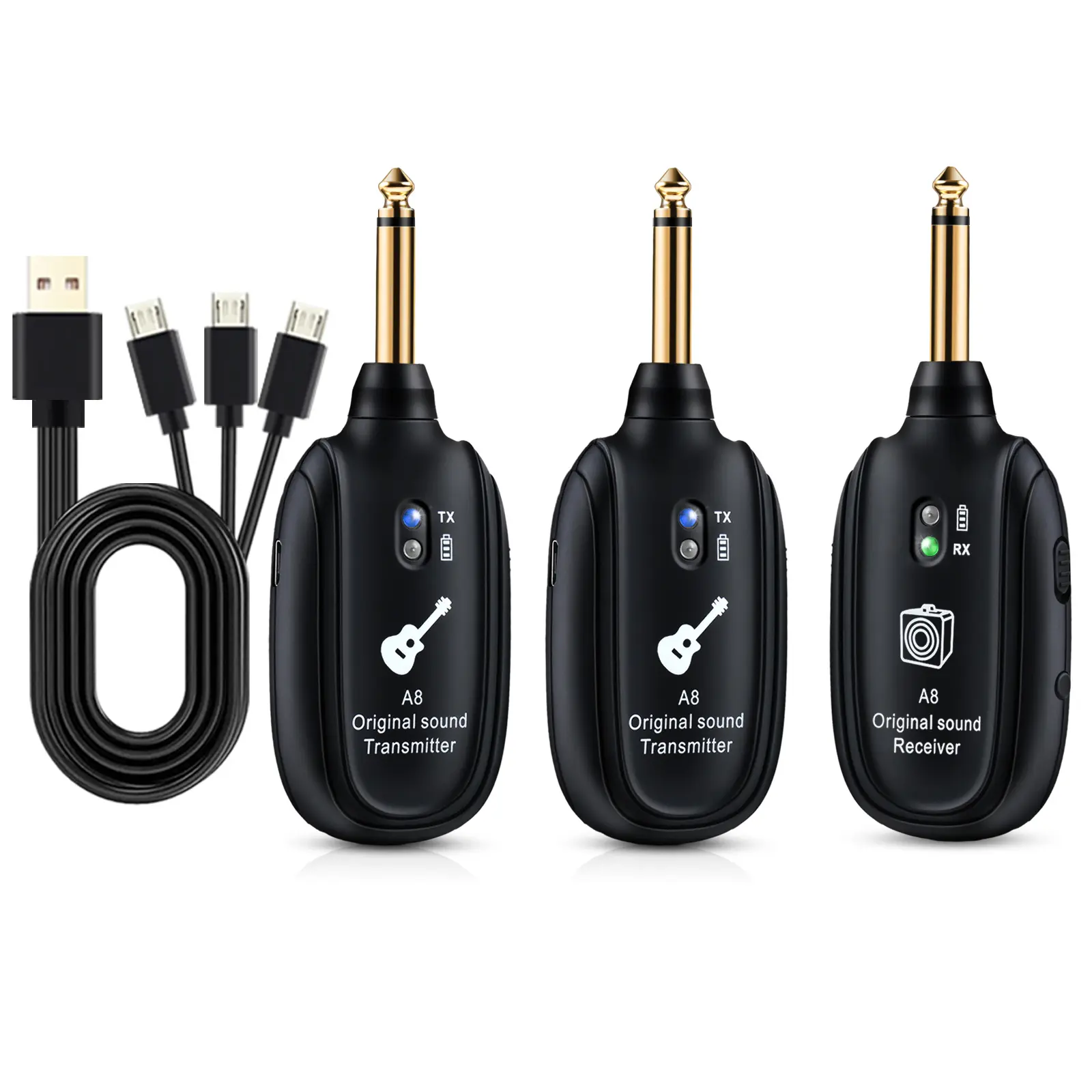 A8 Wireless Guitar System UHF 2 Modes, Rechargeable Li-Battery, 100ft Range, Plug & Play for Guitar, Bass, Violin, Keyboard - Black