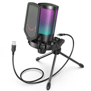 fifine A6V USB Gaming Microphone for PC PS5, Condenser Mic with Quick Mute, Gain Control, RGB Indicator, Tripod Stand, Pop Filter, Shock Mount, for Streaming Discord Twitch Podcasts Videos