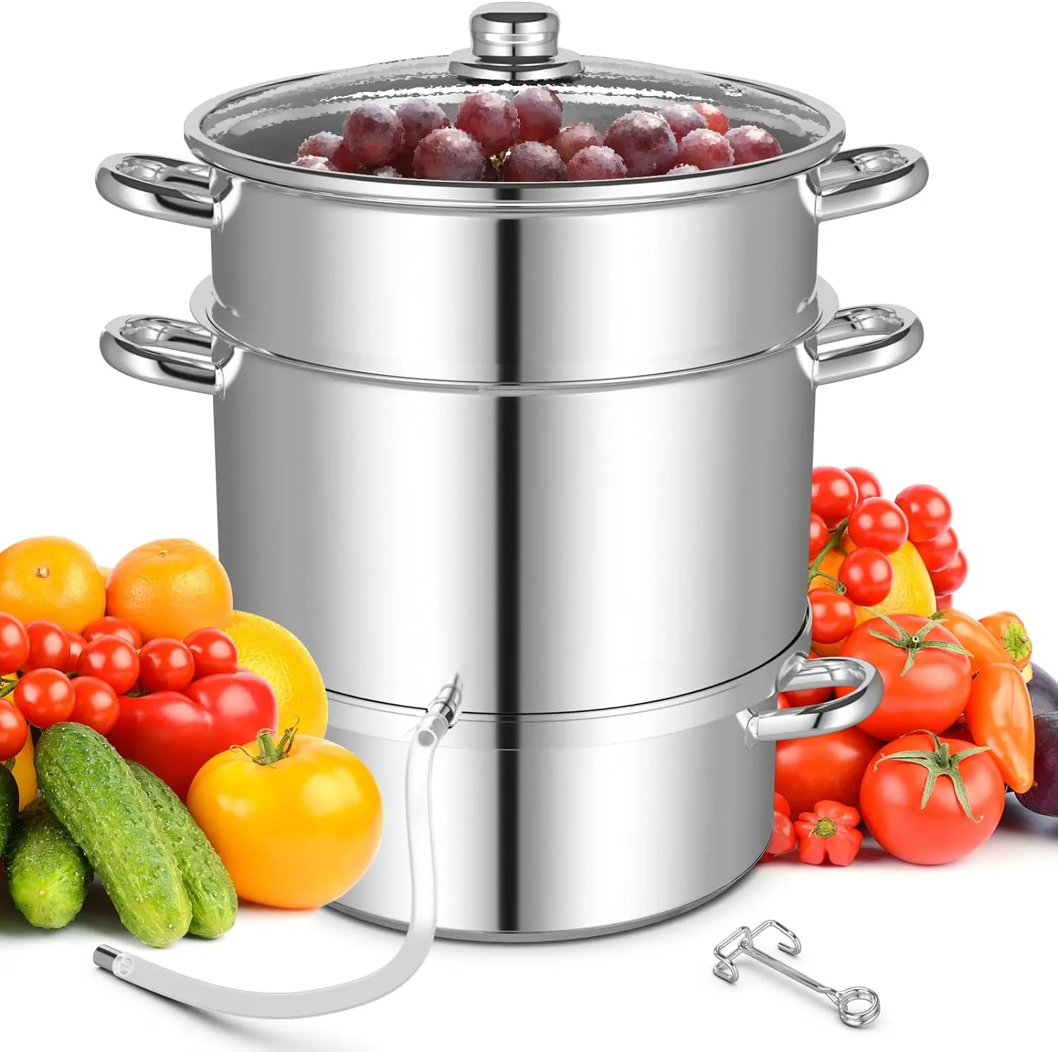 COSTWAY 11 Quart Juice Steamer Fruit Vegetables Juicer Steamers w/Tempered Glass Lid, Hose, Clamp, Loop Handles Stainless Steel Steam Juicer Multipots Kitchen Cookware for Making Juice, Jelly, Pasta