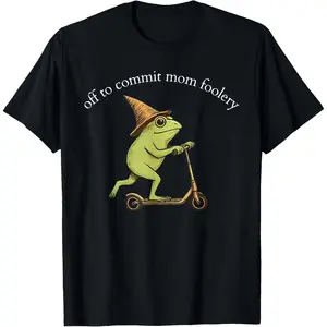 Women's Funny Frog Graphic T-Shirt, 'Off to Commit Mom Foolery' Saying, 100% Cotton Retro Top for Mother's Day, Clothes