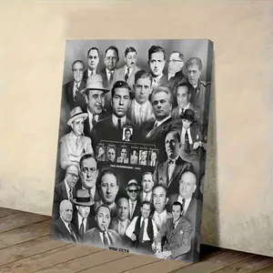 1 Piece Gangster Series Canvas Poster - Lucky Luciano and Al Capone - Prohibition Era Mafia Art - Black and White Photo Collage - Ready-to-Hang Framed Canvas Print - Vintage Organized Crime Decoration, Suitable for Home, Office or Man Cave - Historical Cr