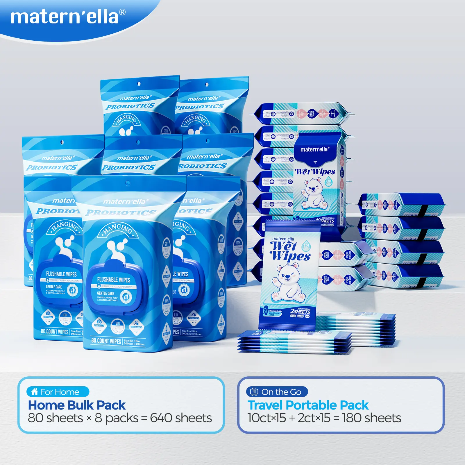 Matern'ella Unscented Adult Butt Wipes for Cleaning - Eco-Friendly Plant Fiber, Alcohol-Free, Degradable, Soft Mild Sustainable Home Care Tissues, 2 Sizes: Extra Large (XL) Hanging 640ct & Mini 180ct Home Travel Packs,dorm essentials,home essentials