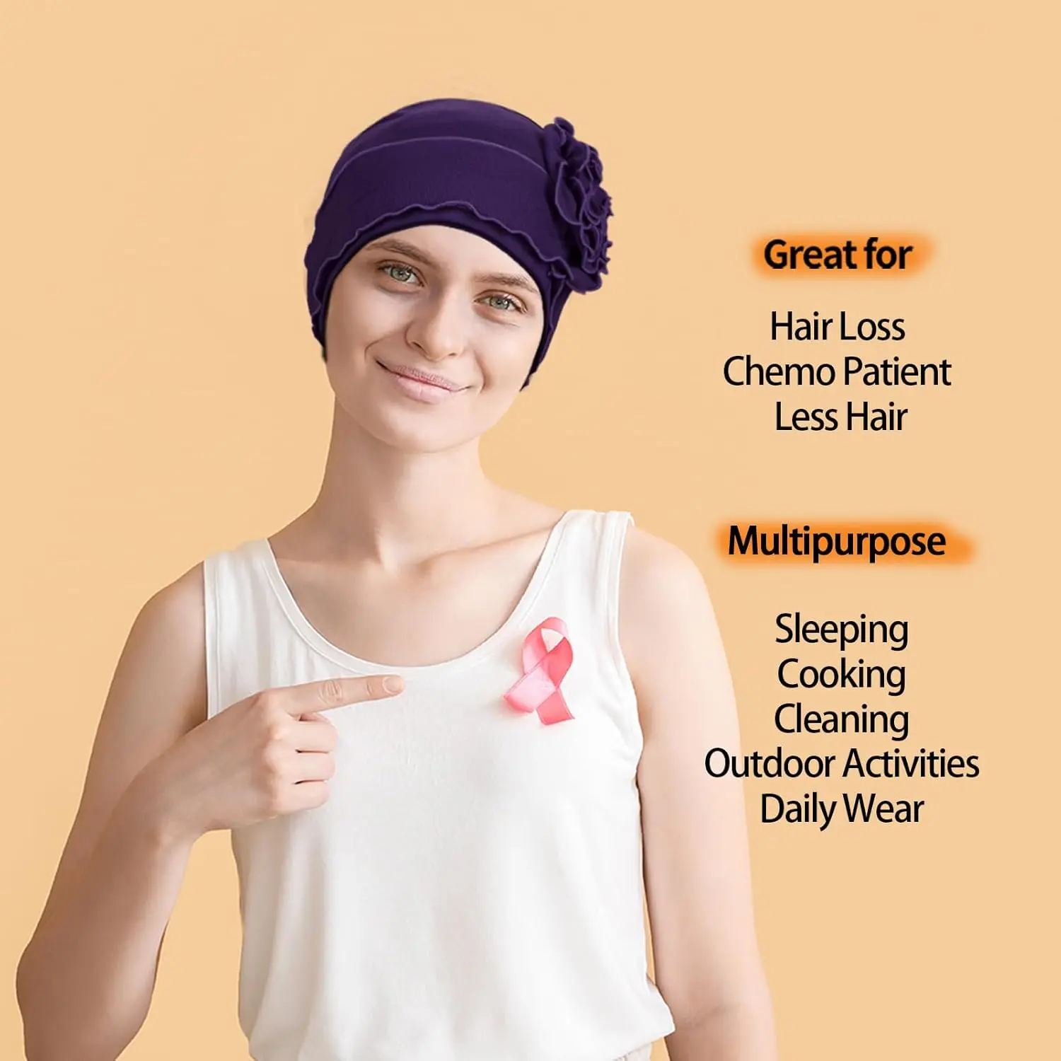 Women's 4-Pack Solid Cotton Turbans for Adults, Soft Elastic Fit Beanie Head Wraps for Cancer Patients with Hair Loss or Sports Use