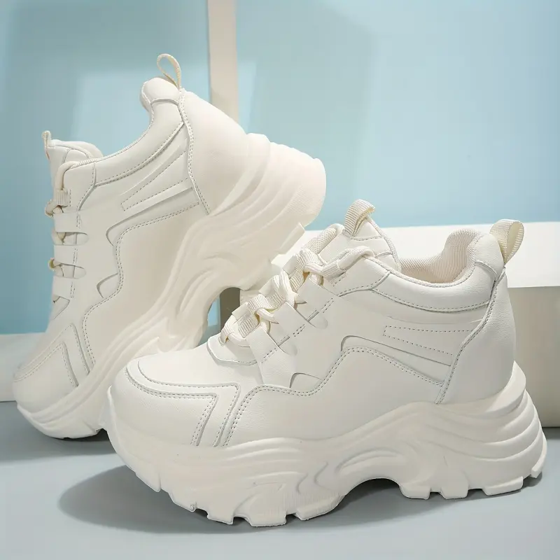 Women's Chunky Trainers - Solid Color Lace-Up Thick Soled Height-Increasing Casual Walking Sports Footwear, Thick Soled Shoes, Platform