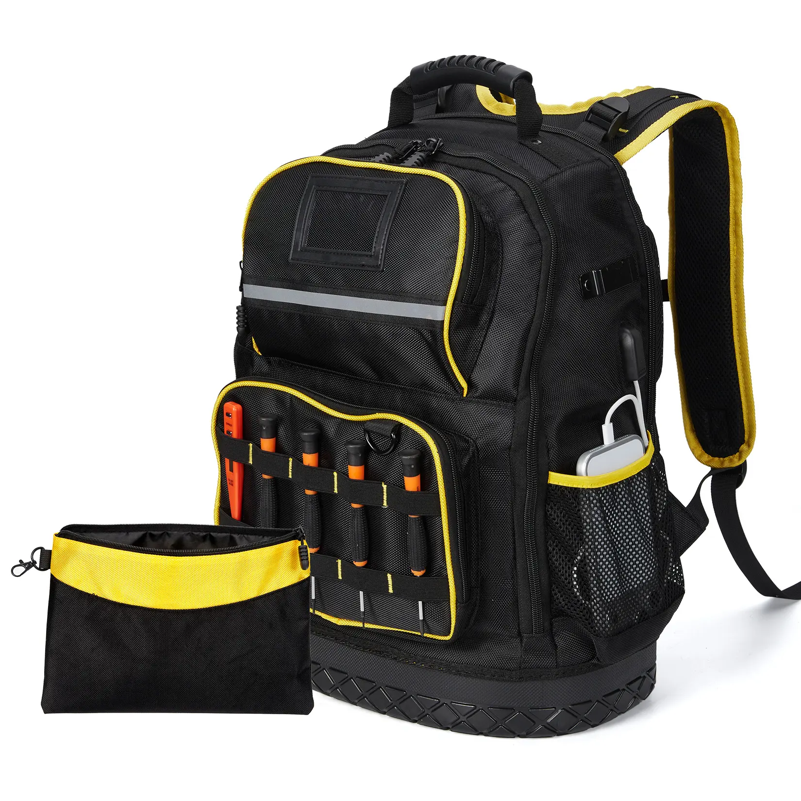 Gaomon 18-Inch Heavy-Duty Portable Tool Backpack, Construction Bag with Hard Bottom, Water-Resistant Oxford Fabric, Multiple Pockets, Laptop Sleeve, Grab Handle for Trades & Power Tools