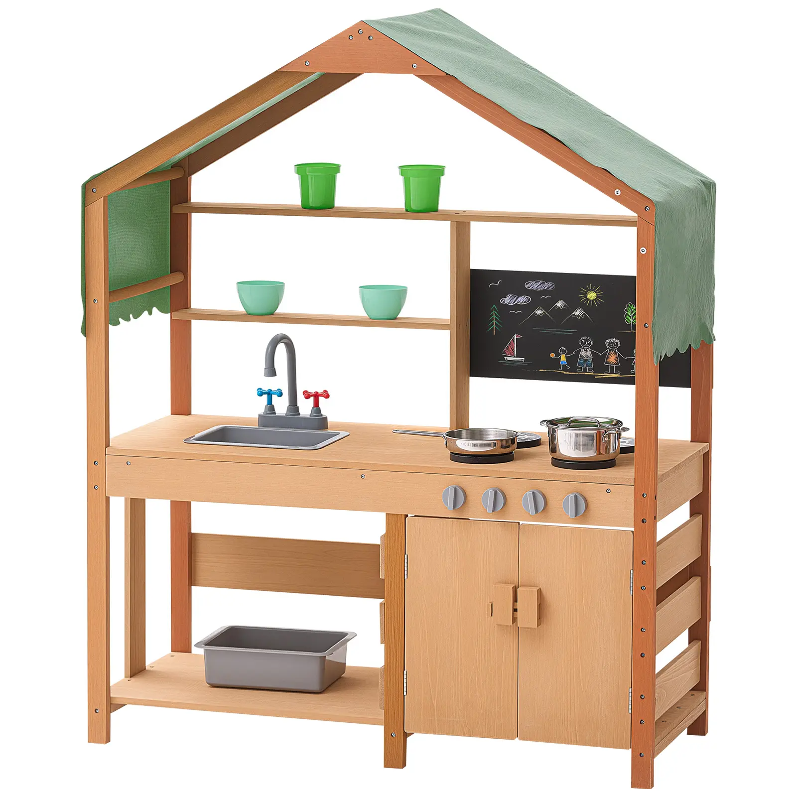 VEVOR Mud Kitchen for Kids, Wooden Toy Play Kitchen Set with Accessories, Outdoor Toddler Grocery Store Playset, Pretend Play Kitchen with Stoves, Planter Boxes, Sink, Faucet, Blackboard, Cookware Pot#BacktoSchool