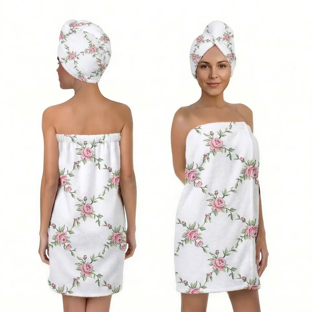 2pcs Vintage Rose Vine Print Bath Towel Set, Adjustable Bath Towel and Hair Dryer Towel, Super Absorbent Microfiber, Multi-Use, Gift Idea
