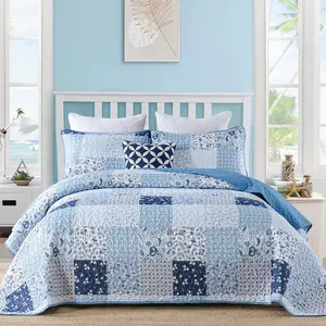 Blue Quilt Set Queen Boho Patchwork Bedspread Floral Coverlet Reversible Bed Quilt Set All Season Soft Microfiber Bedding Farmhouse Bed Sets, 96"x90"