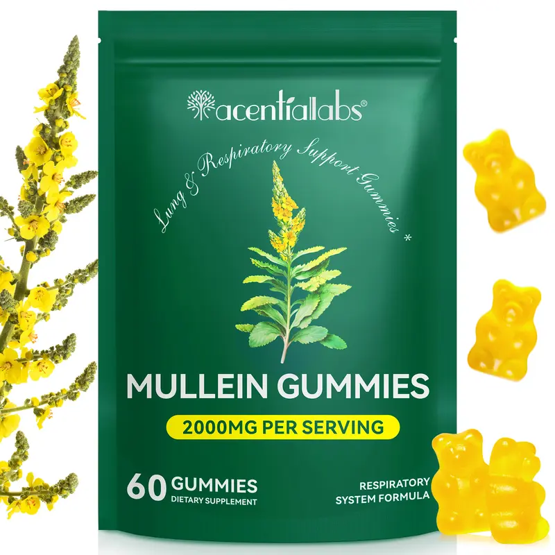 Mullein Gummies for Lungs, Edible Fitness Dietary Gummy, 2000mg Mullein Leaf Extract, mullein lung detox,Pear Flavor Gummies Supplement Healthcare Natural Wellness Boost Vitamin