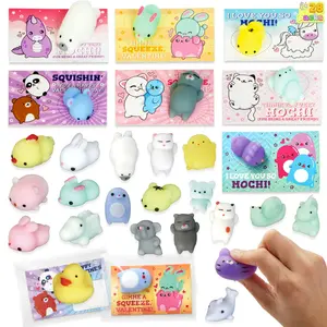 JoyX 28 Packs Valentines Day Cards with Squishy Toys for Kids, Cute Animals Mochi Squishies Fidget Toy for Kids School Classroom Exchange Cards, Valentine Party Favors