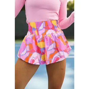 Purple Abstract Print Smocked Waist Flared Shorts